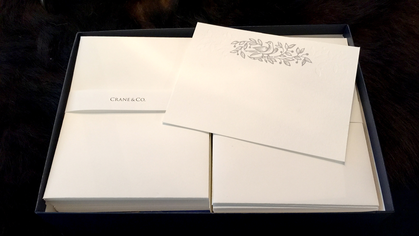 fingerprint design's photo of letterpress one color and blind emboss stationery with envelopes by Crane paper