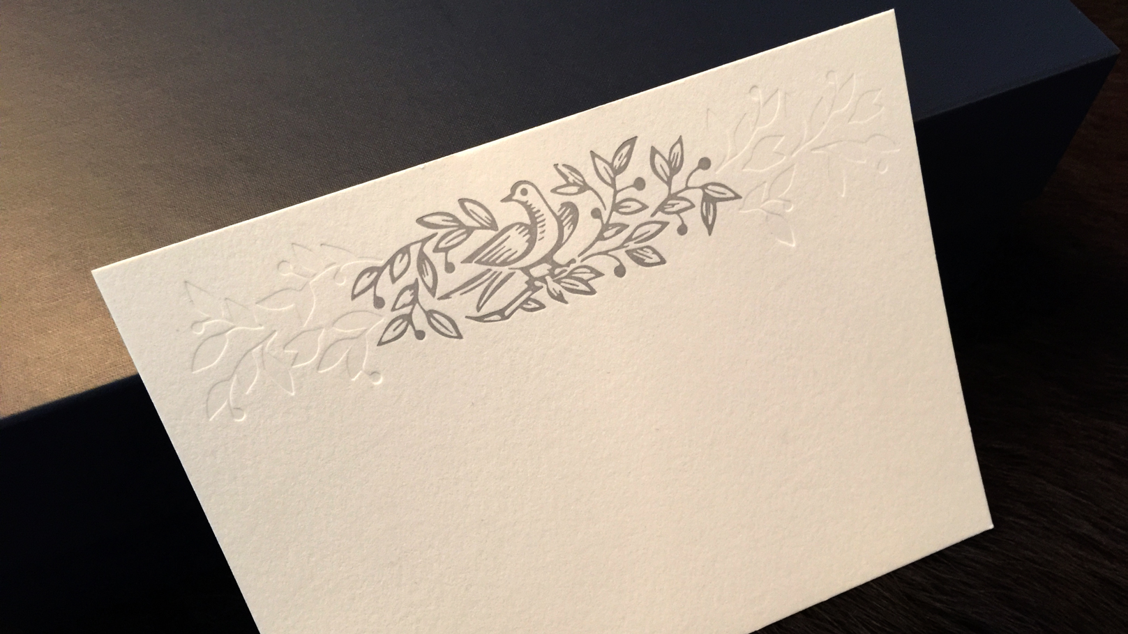 fingerprint design's detail photo of letterpress one color and blind emboss stationery