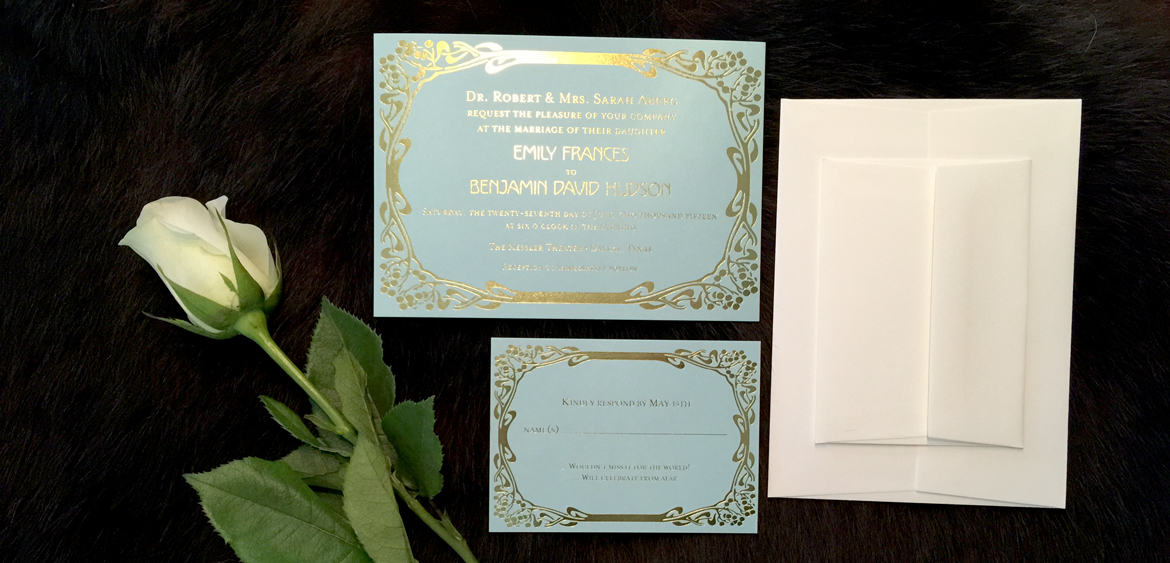 fingerprint design's photo of Emily's gold foil invitation suite